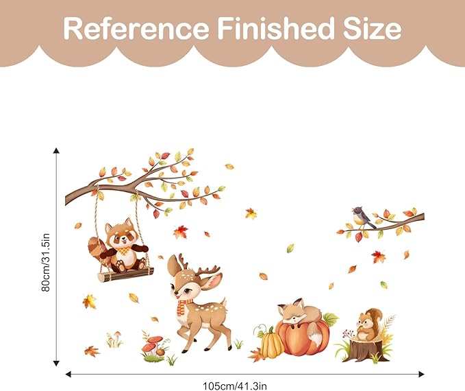 Tanlaby Woodland Animals Wall Stickers Autumn Maple Leaves Wall Decals Forest Cartoon Animal Deer Fox Sticker Peel and Stick Fall Art Decor for Baby Nursery Kids Bedroom Playroom Daycare Classroom