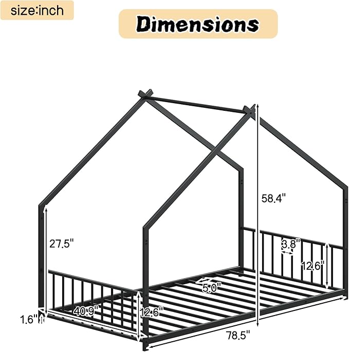 Bellemave Twin Size Montessori Floor Beds with Slats for Kids, Metal Twin House Bed for Kids, Black with Slats and Lights