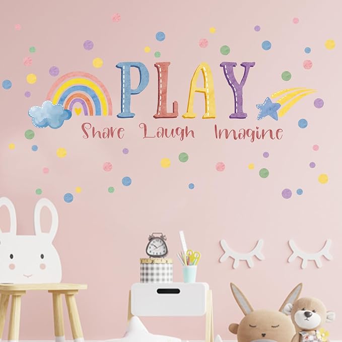 Mfault Playroom Wall Decals Stickers, Inspirational Play Share Laugh Imagine Quotes Nursery Classroom Decorations Bedroom Art, Rainbow Polka Dots Neutral Toddlers Kids Room Decor Gifts