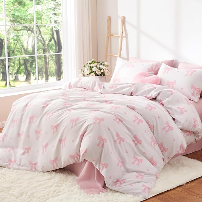 Bow Bedding Duvet Cover King 3Pcs Pink Heart Bedding Set for Girls Kids,Cute Princess Style Bowknot Love Heart Design,Ultra Soft Comforter Cover with 2 Pillowcases(No Comforter)