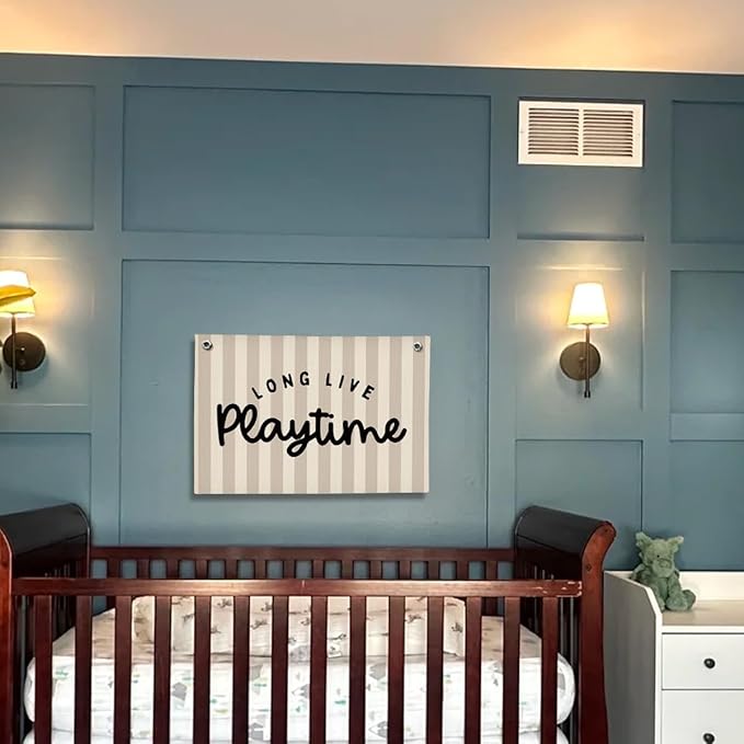 Playroom Decor, Long Live Playtime Wall Hanging Linen Banner, Blue Striped Wall Flag for Kids Room Nursery Playroom Decor, 20x30 Inch-Black