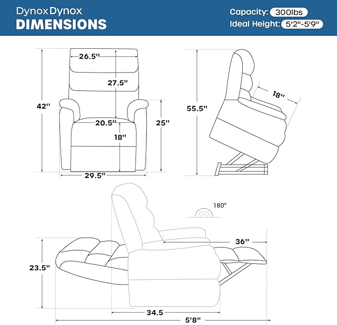 DYNOX 300 LBS Power Lift Recliner Chair for Elderly, Small Size Dual Motor Lay Flat Infinite Positions Recliner with Heat, Massage & USB Charging Port (9188S,Chenille,Blue)