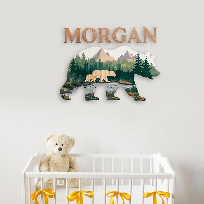 Personalized Nursery Sign, Animals Wooden Sign with Name, Hello World Newborn Sign, Bear Sign for Kid Room Decor, Baby Gifts for Boy, Custom Baby Name Sign, Baby Boy Wall Art Bedroom