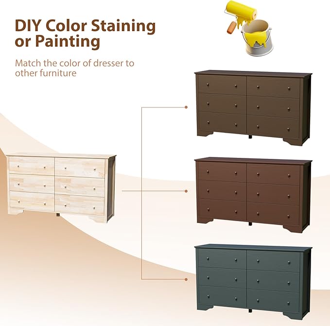 VINGLI 57" Unfinished Solid Wood Dresser for Color DIY, 6 Drawer Long Chest with Drawers, Natural Rubberwood, 57" W*17.7" D*33" H