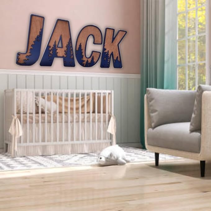 Personalized 3D Wooden Name Sign - Custom Baby Name Signs for Nursery & Kids Room, Baby Announcement Sign, Wall Name Signs Personalized, Round Wooden Letters for Nursery Decor (Woodland)