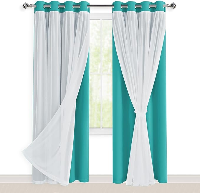 Hiasan Blackout Curtains with Sheer Overlay,Thermal Insulated Mix&Match Double Layer Room Darkening Curtains for Bedroom,Living Room,Nursery,2 Window Panels Sewn with Tiebacks,Peacock Teal,52W X 84L