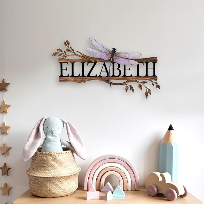 Personalized Nursery Sign, Animals Wooden Sign with Name, Hello World Newborn Sign, Dragonfly Sign for Kid Room Decor, Baby Gifts for Girl, Custom Baby Name Sign, Baby Girls Wall Art Bedroom