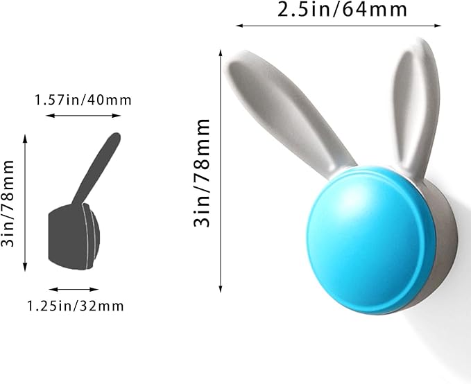 3 Pack Heavy Duty Metal Wall Hooks - Decorative Cute Rabbit Shaped Coat Hooks, Multi-Color Rustproof Bathroom/Bedroom/Entryway Towel Hooks for Towels, Coats, Keys (Matte Blue, Large Size)