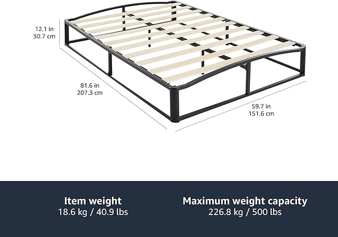 Amazon Basics Metal Platform Bed Frame with Wood Slat Support, 10 Inches High, Queen, Black