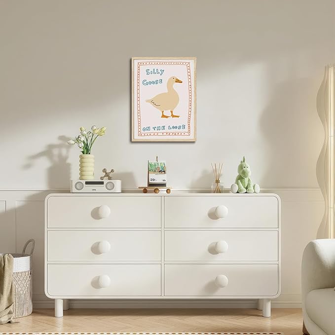 KISSFOX Framed Wall Art Nursery Wall Decor Silly Goose Pictures Kids Cute Animal Canvas Art Yellow Boho Paintings Artwork For Children Boys Girls Room