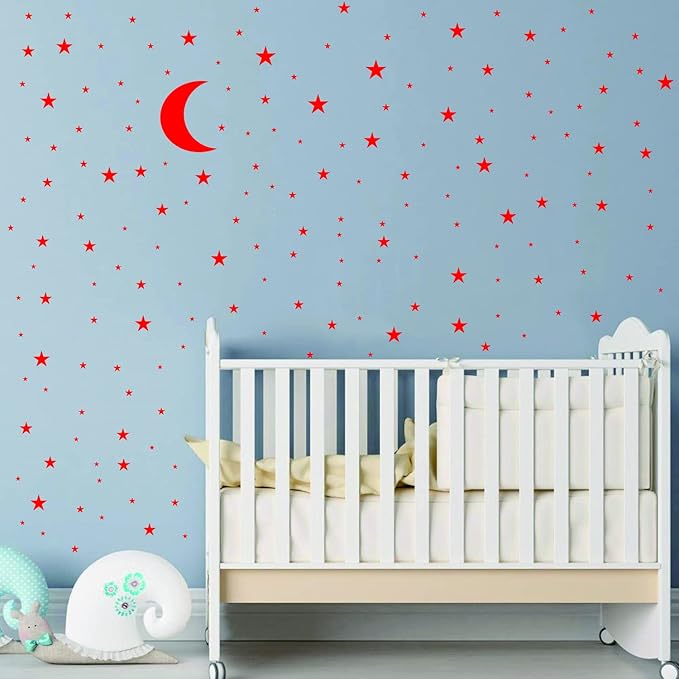 Moon and Stars Wall Decal Vinyl Sticker for Kids Boy Girls Baby Room Decoration Good Night Nursery Wall Decor Home House Bedroom Design YMX16 (Red)