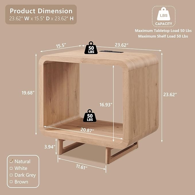 23.6" Modern End Table, 2 Tier Side Table with Charging Station, Simple Bedside Table with Open Storage Shelf, Outlet, Wooden Nightstand for Bedroom, Living Room, Easy Assembly, Natural Oak