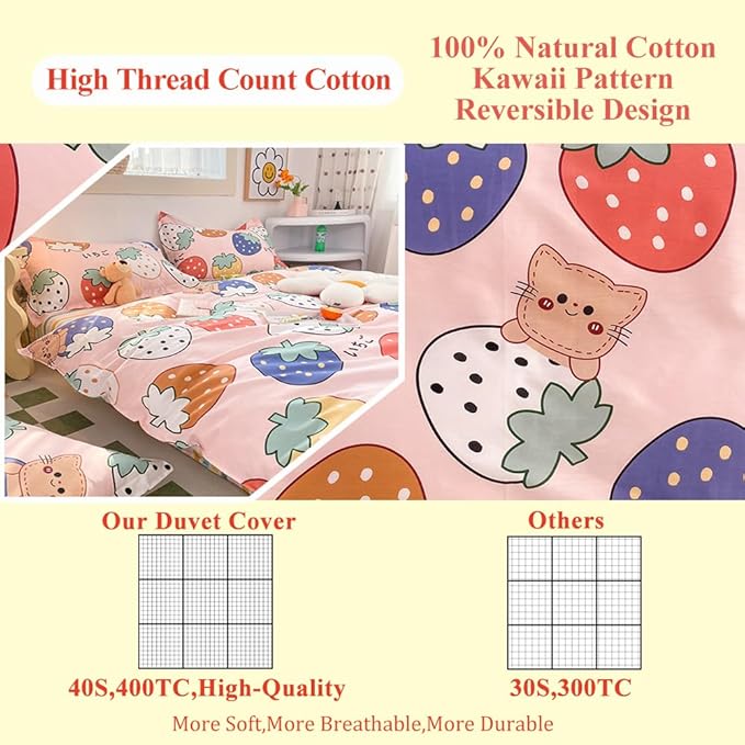 100% Cotton Kids Duvet Cover Set - Kawaii Cartoon Strawberry Bedding for Toddler Girls & Boys, Twin Size 3-Piece Breathable Soft Comforter Cover with Zipper Closure (Strawberry,Twin)