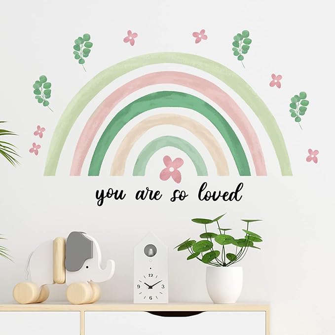 Containlol Rainbow Wall Decals, Playroom Wall Decor for Girl Room, Watercolor Peel and Stick Wallpaper, Boho Wallpaper 30 x 14 Inch Heart Art Stickers for Toddler Bedroom Nursery(Green,Fresh)