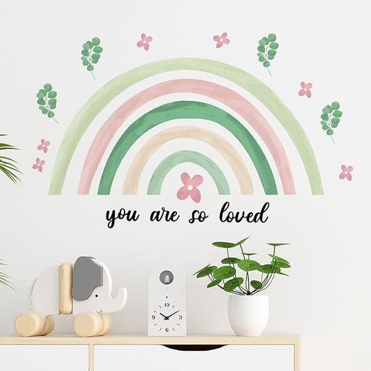 Containlol Rainbow Wall Decals, Playroom Wall Decor for Girl Room, Watercolor Peel and Stick Wallpaper, Boho Wallpaper 30 x 14 Inch Heart Art Stickers for Toddler Bedroom Nursery(Green,Fresh)