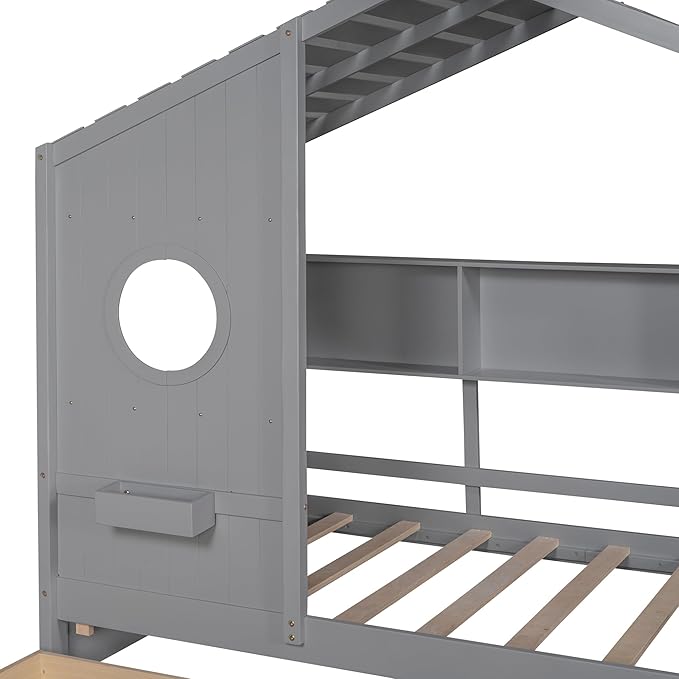 Modern Twin Size House Bed with Roof and Window, Wooden Daybed Frame with Shelves and 2 Drawers,Bedroom Furniture for Girls & Boys (Gray+2 Drawers/)