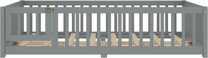 Ball & Cast Toddler Floor Bed Full Size W/Removed Slats,Montessori Bed for Toddlers W/Switched Door & Safety Guardrails,Low Profile Bed Frame for Girls & Boys,No Spring Box Required,Gray