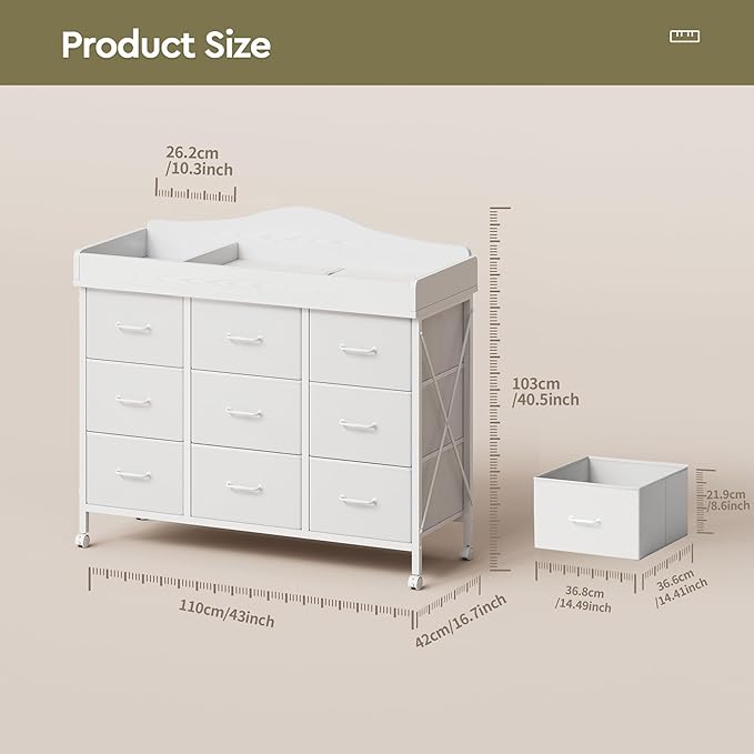 Baby Changing Table with 9 Fabric Drawers, Waterproof Diaper Changing Station & Pad, Mobile Nursery Diaper Changing Table, Baby Furniture, Bedroom, White
