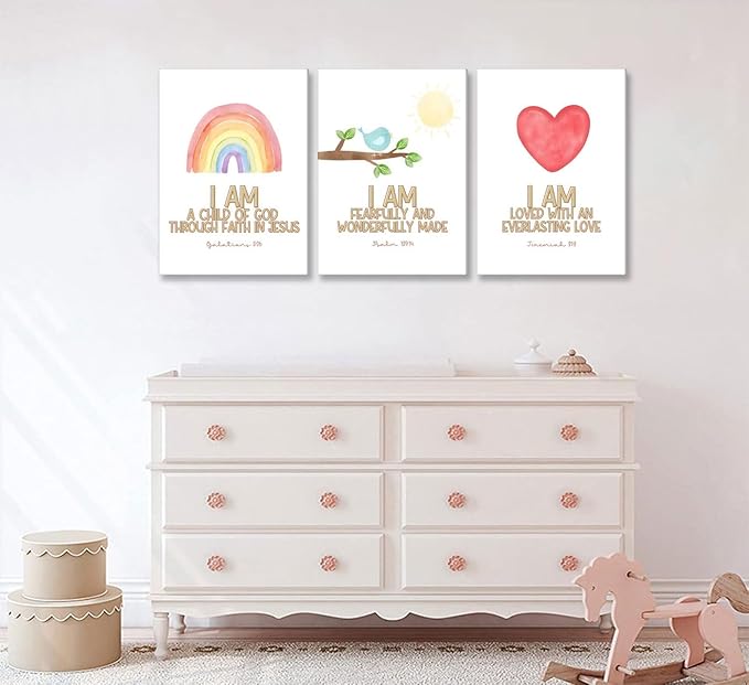 3Pcs Nursery Bible Verse Canvas Wall Art Colorful Rainbow Motivational Affirmation Wall Decor Pictures Christian Kids Scripture Introduction Posters Prints for Kids Room Nursery Home Decoration