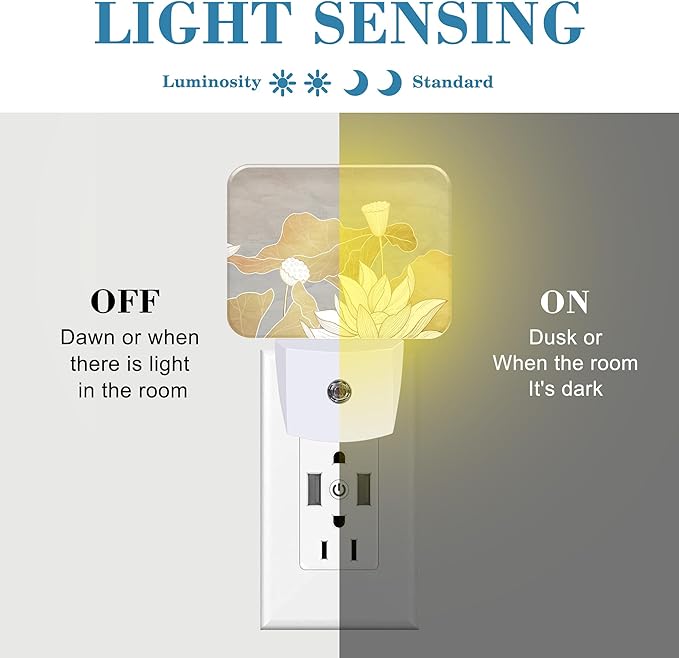 Luxury Water Lily Flowers Night Light Plug into Wall, Golden Lotus and Leaves Night Light with Dusk to Dawn Sensor for Kid Girls Boys Women Men Room, Hallway, Kitchen, Bathroom, Stairs Decor