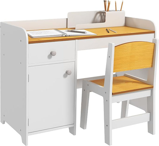 Qaba Kids Desk and Chair Set with Storage Drawer, Study Desk with Chair for Children for Arts & Crafts, Snack Time, Homeschooling, Homework, White