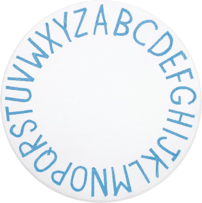 Topotdor Round Kids Play Rug Alphabet Nursery Area Rug Extra Large Soft Crawling Play Mat for Children Toddlers Bedroom (47 inch, Sky Blue/White)