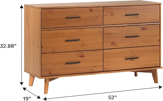 Walker Edison Sloane 6-Drawer Solid Wood Dresser with Metal Handles, 52 Inch, Caramel