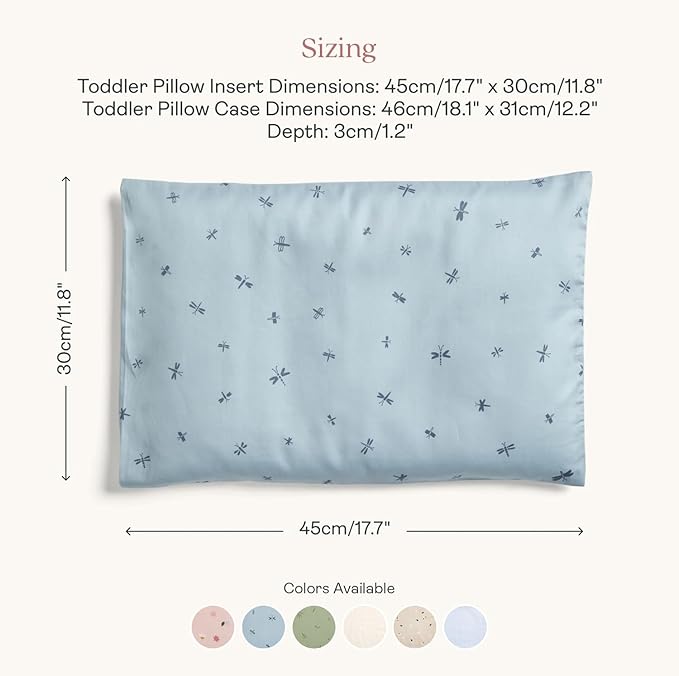 ergoPouch Organic Toddler Pillow and Cover – Low-Profile 1" Design for Proper Neck Alignment, Soft & Durable GOTS-Certified Cotton, Machine Washable, Breathable & Gentle on Skin (Dragonflies)