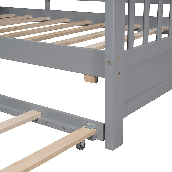 Twin Size House Bed with Roof and Window for Kids, Wooden Playhouse Bed with Storage Shelves and Trundle for Bedroom Furniture Girls & Boys (Grey/T1)