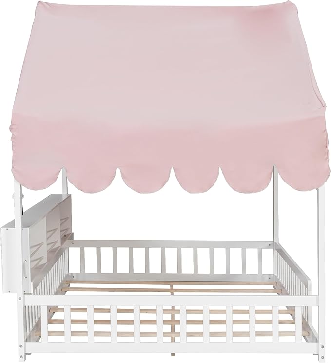 Merax Full Size Montessori Floor Bed for Kids Toddler, House Shaped Kids Full Bed Frame with Safety Guardrail, Curtain & Lights, Side Storage Bookshelves, Solid Wood Slats, Easy Assembly, Pink