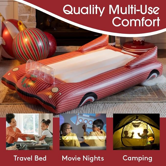 FUNBOY Christmas Convertible Kids Sleeper Air Mattress – Inflatable Red Striped Car Bed with Soft Flocked Surface, Easy Setup