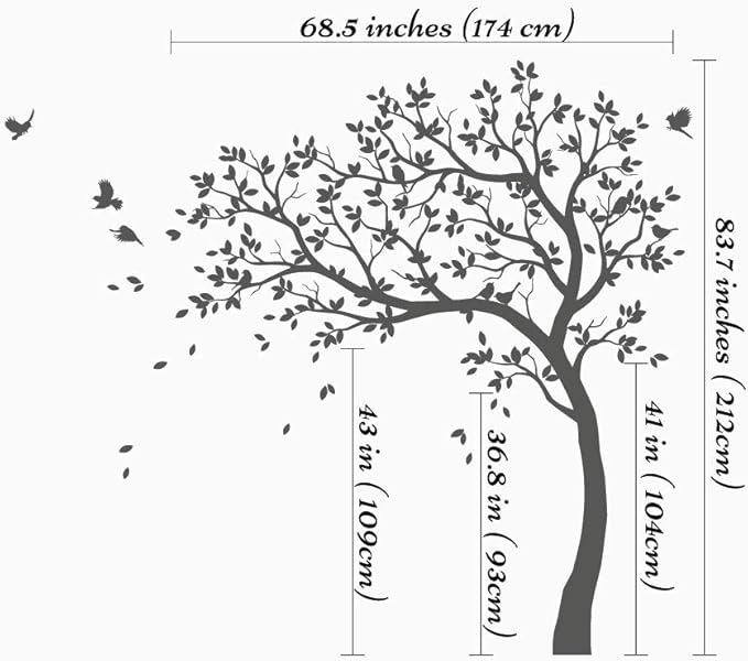 Large Tree Wall Decals Nursery Leaning Tree Stickers with Birds Wall Art Mural Vinyl Decor KW032 (Leaning Left, Light Brown, Lime-Tree Green, Soft Pink, Lavender)