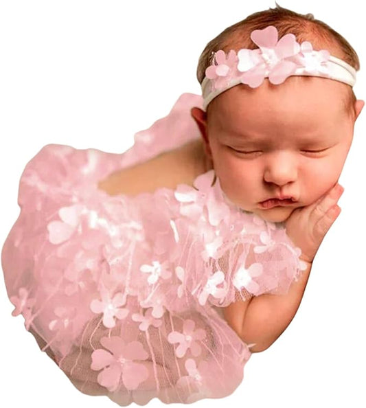Newborn Girl Photography Outfits, Backless Lace Romper with Flower Headband Photo Props, Baby Girl Photoshoot Outfits