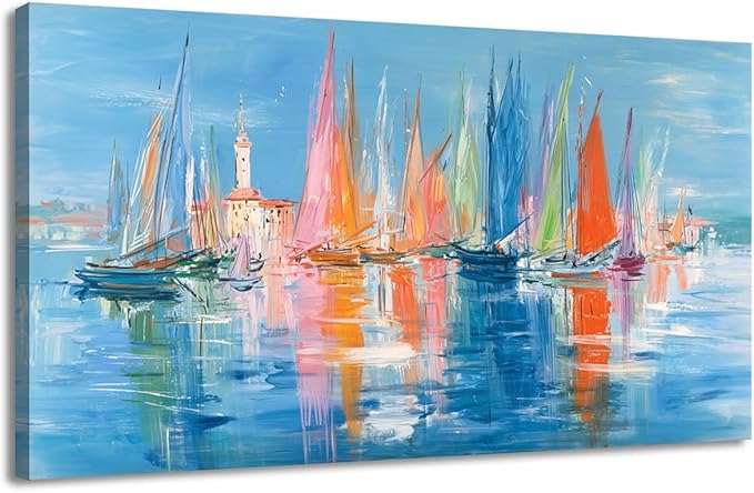 Nautical Sailboat Wall Art for Living Room Blue Ocean Theme Canvas Print Modern Abstract Coastal Picture Cityscape Painting Colorful Venice Coastal Scene Seaside Bedroom Bathroom Artwork 28x58inch