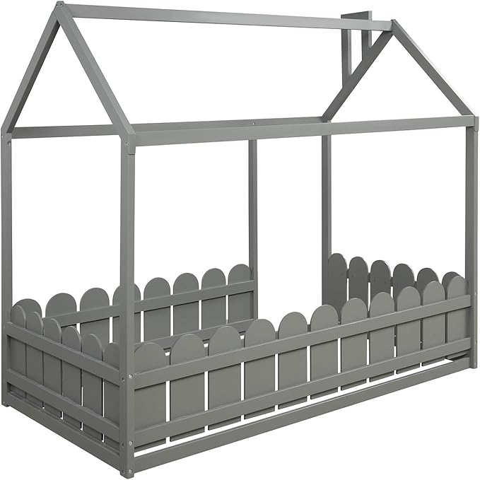 Merax Wooden House Bed with Fence-Shaped Guardrail Montessori Bed Frame for Kids, Toddlers, Girls, Boys (Twin,Gray)