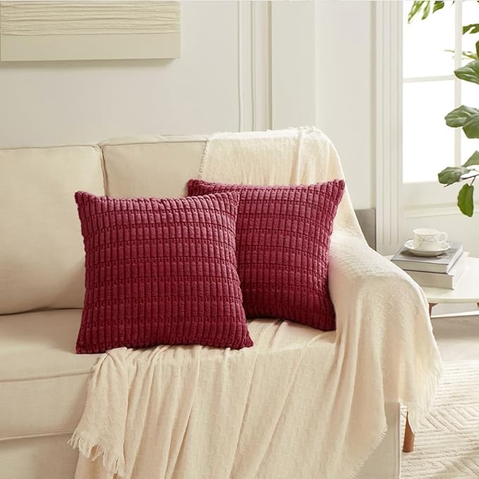 Fancy Homi 2 Packs Christmas Wine Red Decorative Throw Pillow Covers 20x20 Inch for Living Room Couch Bed Sofa, Modern Farmhouse Boho Home Decor, Soft Corduroy Burgundy Square Cushion Case 50x50 cm