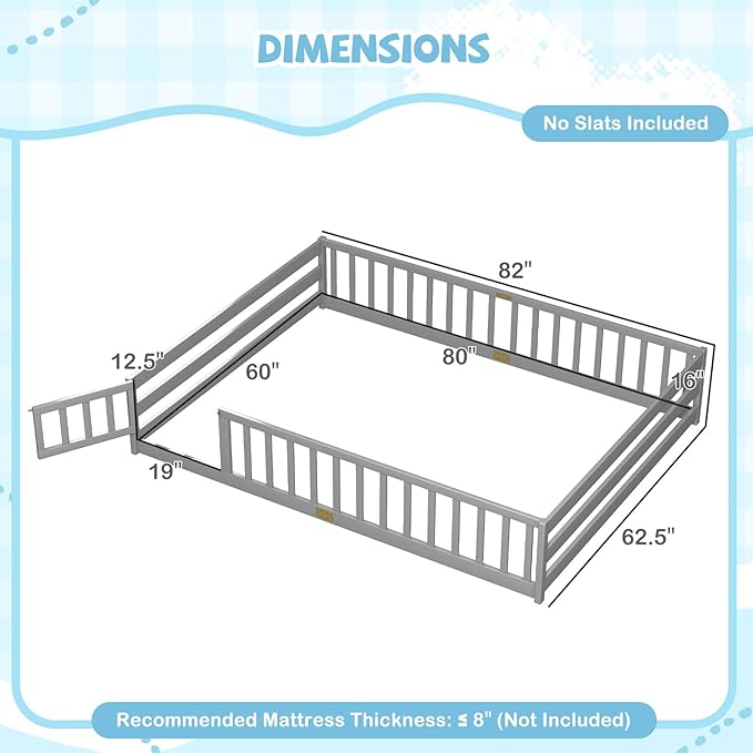 Giantex Queen Floor Bed with Door & Fence, Kids Wood Montessori Beds with Safety Guardrails, Floor Bed Twin for Kids, Boys, Girls, No Box Spring Needed, Grey