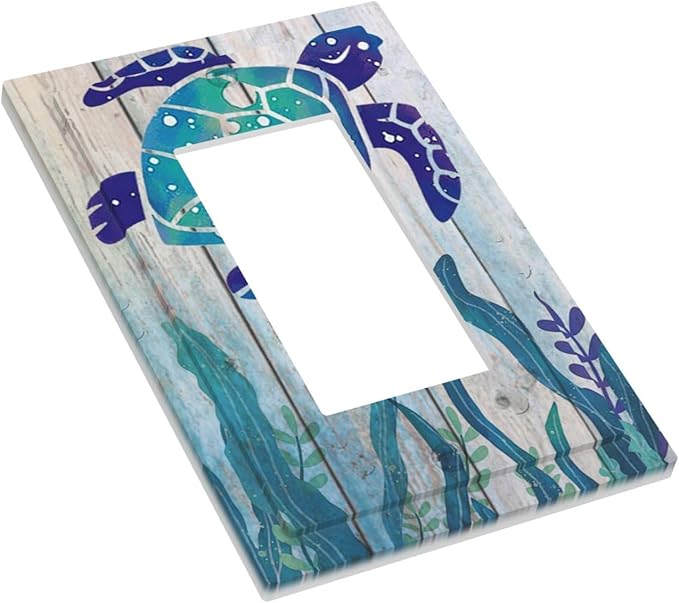 Sea Turtle Grass Seaweed on Rustic Wooden Board 1 Gang Light Switch Cover Single Rocker/Gfci Device Decorative Wall Plate Standard Size Receptacle Ocean Grass Seaweed Outlet Cover Plates Art Decor