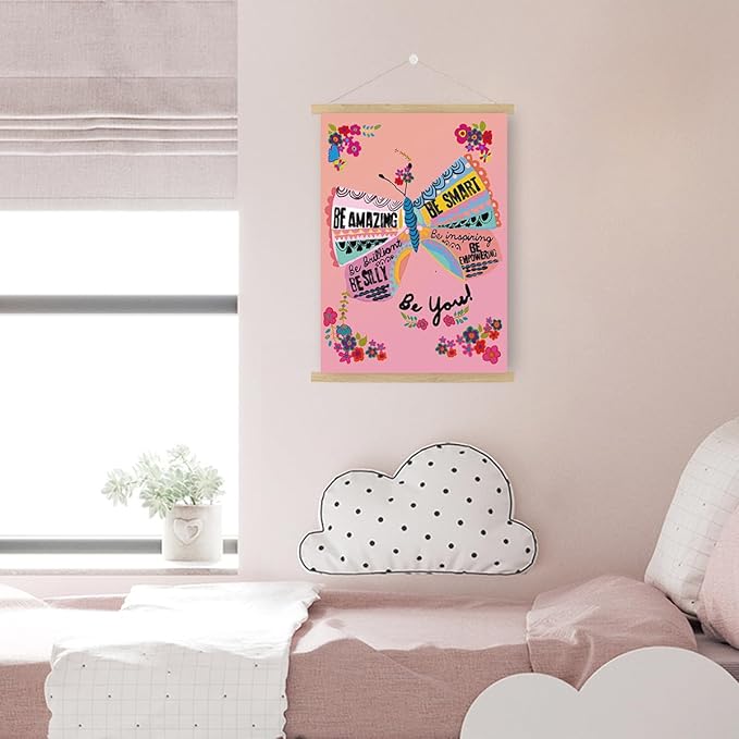 Qswo Inspirational Quotes Wall Decor for Women,Be Amazing Be You Pink Wall Art Poster Hanger Frame,Motivational Hanging Canvas Wall Decor for Girls Room Dorm Nursery