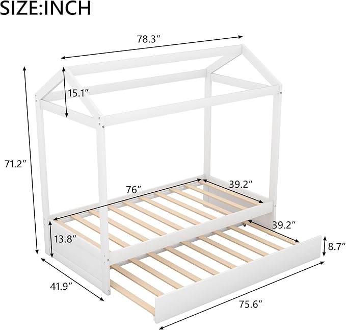 Twin Size House Bed with Trundle and Roof,can be Decorated,Bedroom Wood Platform Bed Frame W/ No Box Spring Required,Easy to Assemble,Save Space,for Kids Teens Girls Boys,Gray