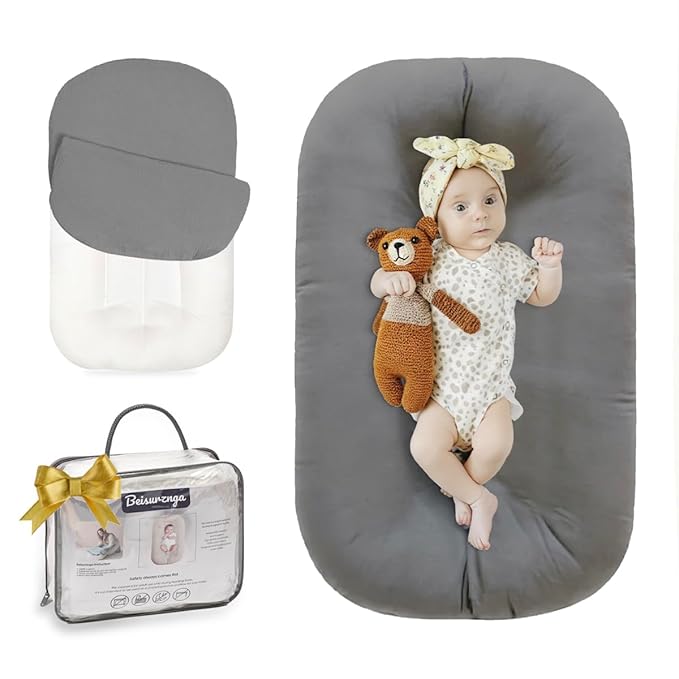Baby Lounger for Newborn - Snuggle Cozy Me Lounger | Breathable Soft Cotton, 0-24 Months Portable Playtime Baby Nest, Newborn Baby Essentials Gifts - Grey (1 Lounger + 1 Cover)