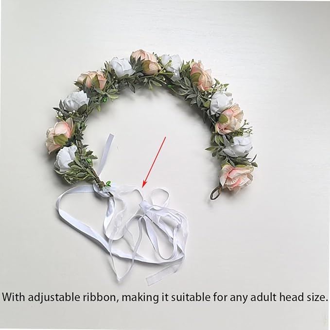 DreamLily Camellias Flower Crown Birthday Photo Pops Hair Wreath Wedding Festival Floral Headpiece XM11 (B-Champagne Ivory)