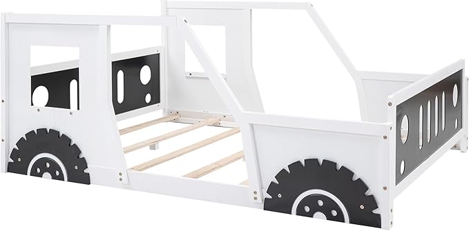 Full Size Classic Car-Shaped Platform Bed Frame for Boys Girls Kids Toddler with Wheels,White
