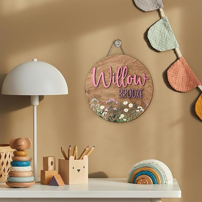 Personalized Wooden Name Sign | Custom Floral Door Sign for Room Decor, Nursery Wall Art, Girls Bedroom Decoration, Playroom Wall Hanging