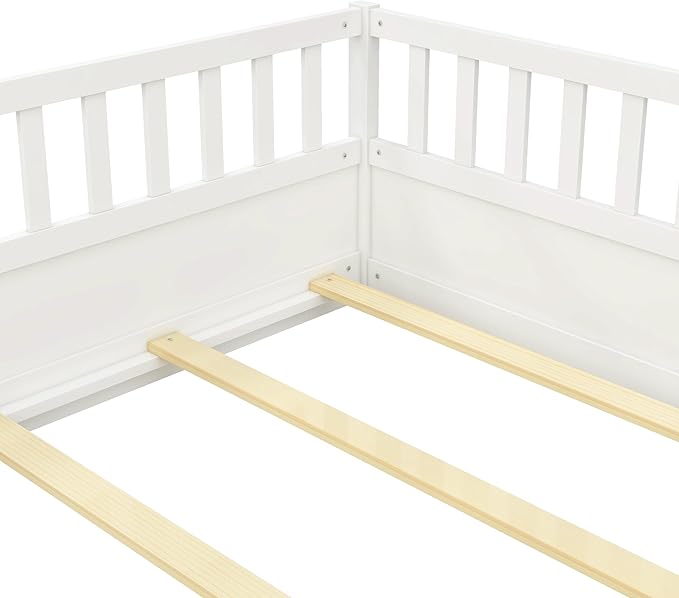 Bellemave Full Floor Bed with Slats and High Fence, Full Size Montessori Floor Beds with Door, No Box Spring Needed, Easy Assemble Montessori Bed Frame(White Full)