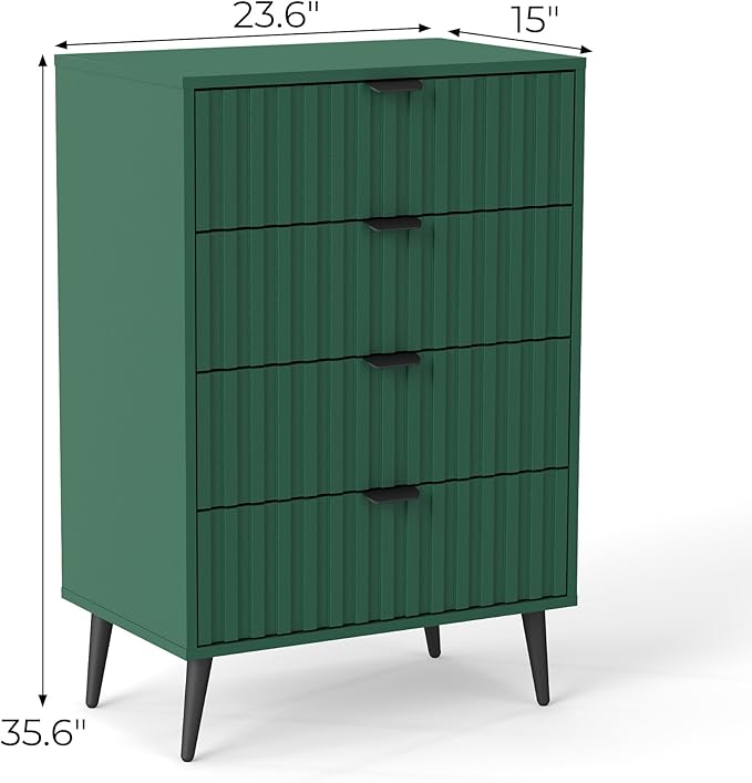 Fluted Dresser for Bedroom with 4 Drawers, 24'' Wide Modern Dresser with Metal Handle, Wood Dressers Organizer with Blister Drawers for Bedroom, Green