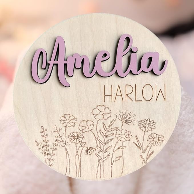 Personalized Baby Girl Floral Engraved Birth Announcement Name Sign, Baby Name Reveal, Sign for Hospital, Newborn Photo Prop, 19 Font Options, 30 Colors (Name Sign)