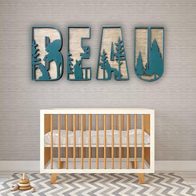 Personalized 3D Wooden Name Sign - Custom Baby Name Signs for Nursery & Kids Room, Baby Announcement Sign, Wall Name Signs Personalized, Round Wooden Letters for Nursery Decor (Woodland)