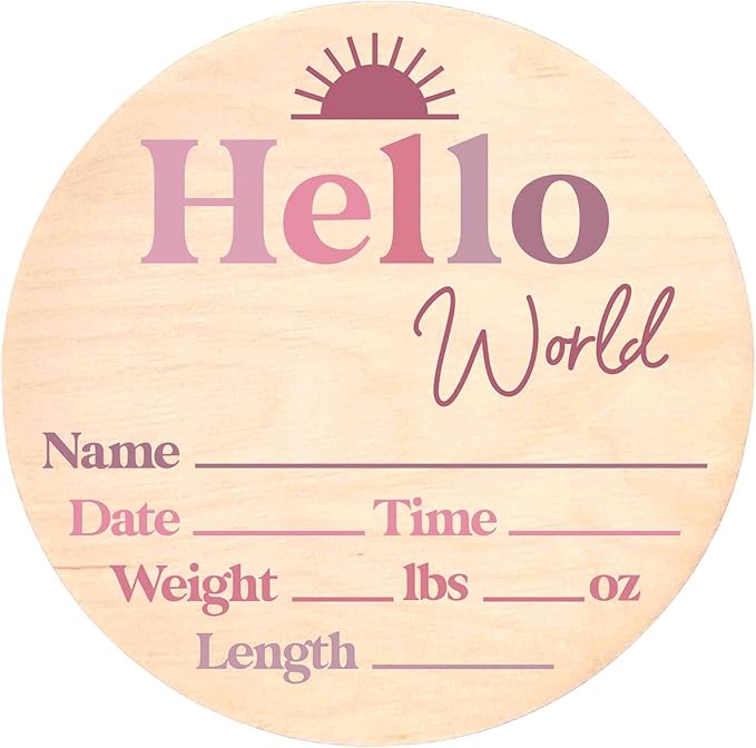 Hello World Newborn Sign - Baby Name Birth Announcement Plaque for Hospital - Photo Prop - Purple Pink Ombre Nursery Decor - Shower Gift