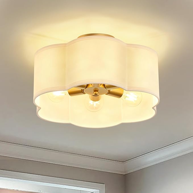 Gold 6-Light Semi Flush Mount Ceiling Light, White Fabric Close to Ceiling Light Fixtures, Clover Drum Ceiling lamp
